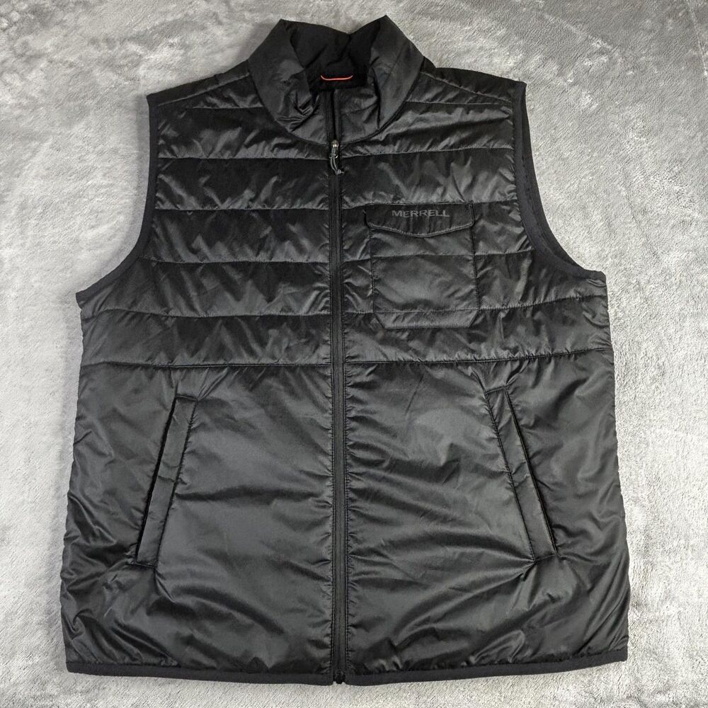 Merrell Vest Mens Medium Black Quilted Puffer Outdoor Sleeveless Zip‎ Polyester